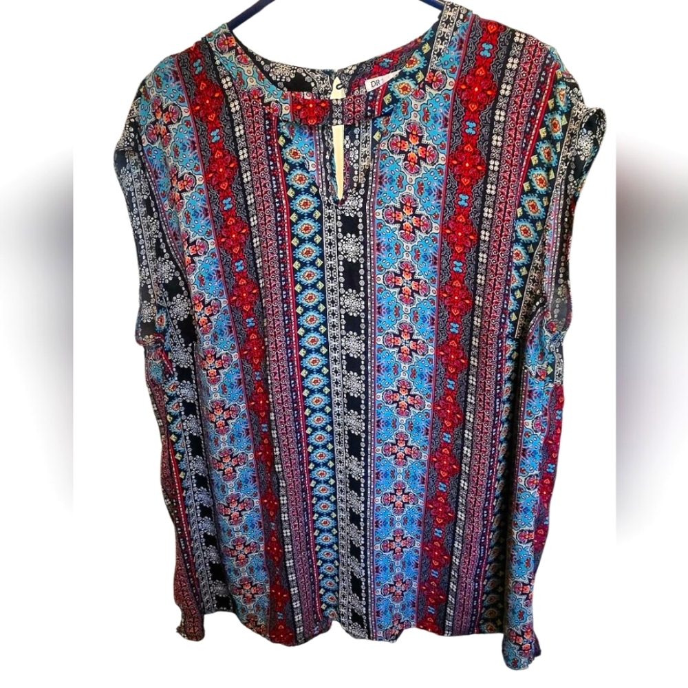 DR2 Womens Top Sz 1X Sleeveless Southwestern Print: Black Burgundy Blue & White